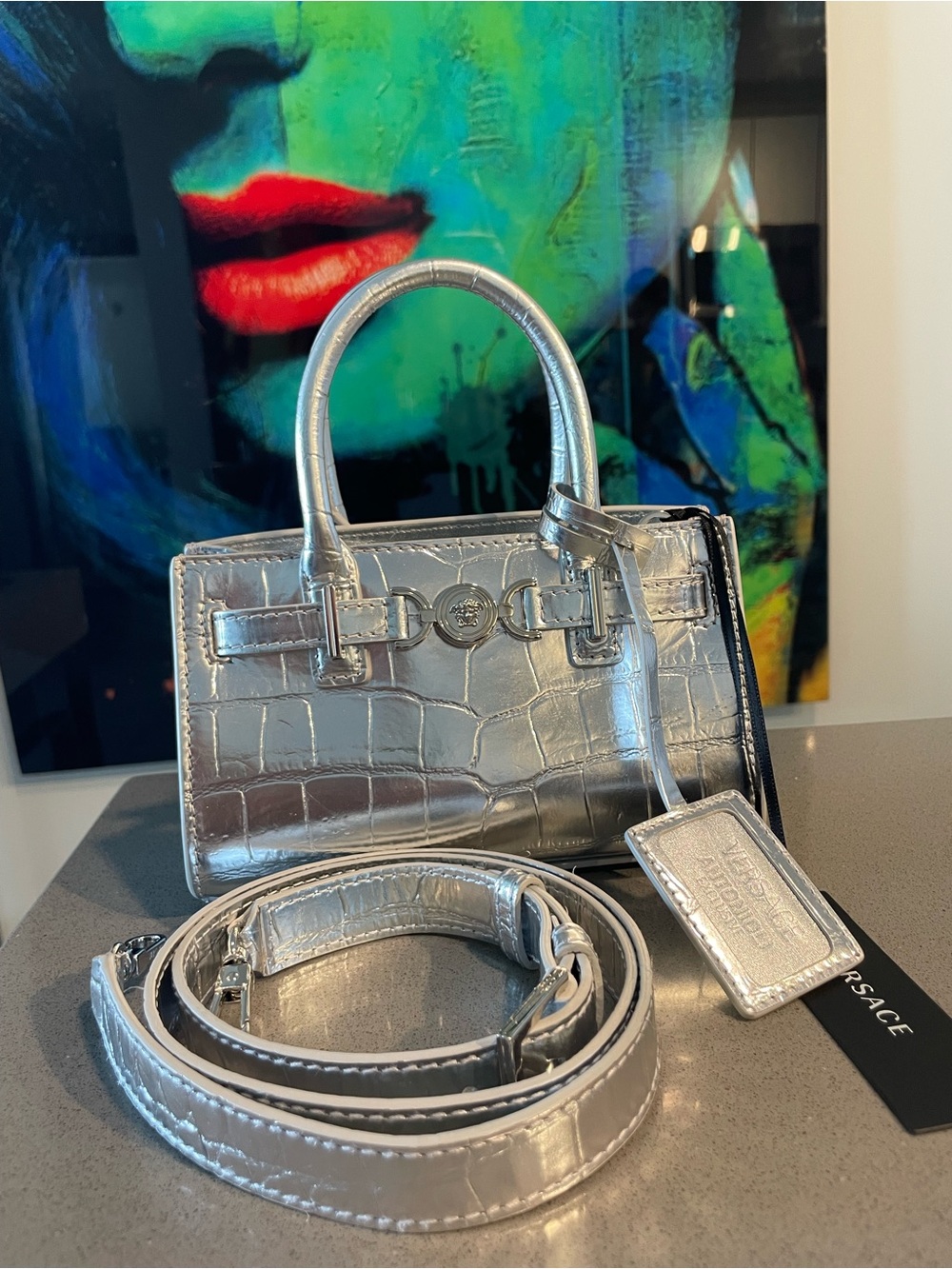 Versace Silver Croc-Embossed Mini Tote with Detachable Strap - Picture 2 of 16